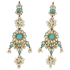 Mughal Style Indian Pearl Bead and Turquoise Dangle Earrings