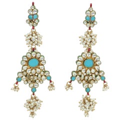 Vintage Mughal Style Indian Pearl Bead and Turquoise Dangle Earrings 