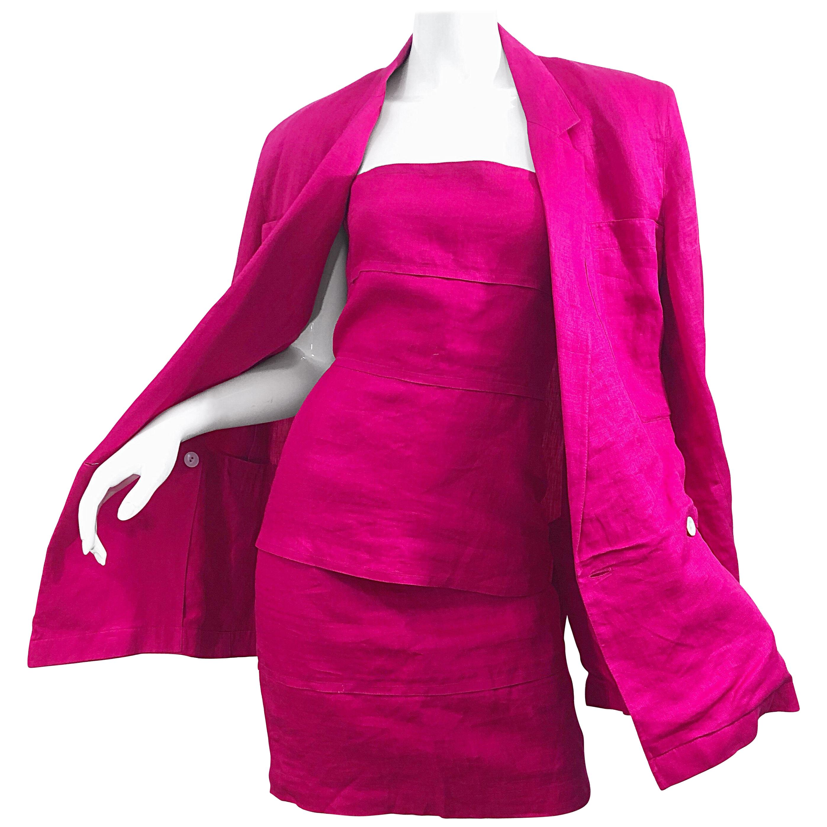 Gianni Versace for Genny 1980s Size 8 / 10 Hot Pink Linen Dress and Jacket Set