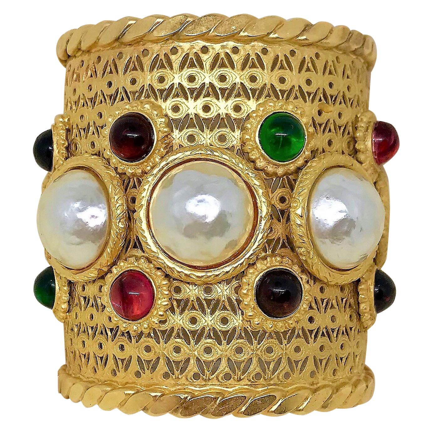 Circa 1980s Deanna Hamro Gold-Plated Faux-Pearl and  Cabochon Jeweled Cuff 