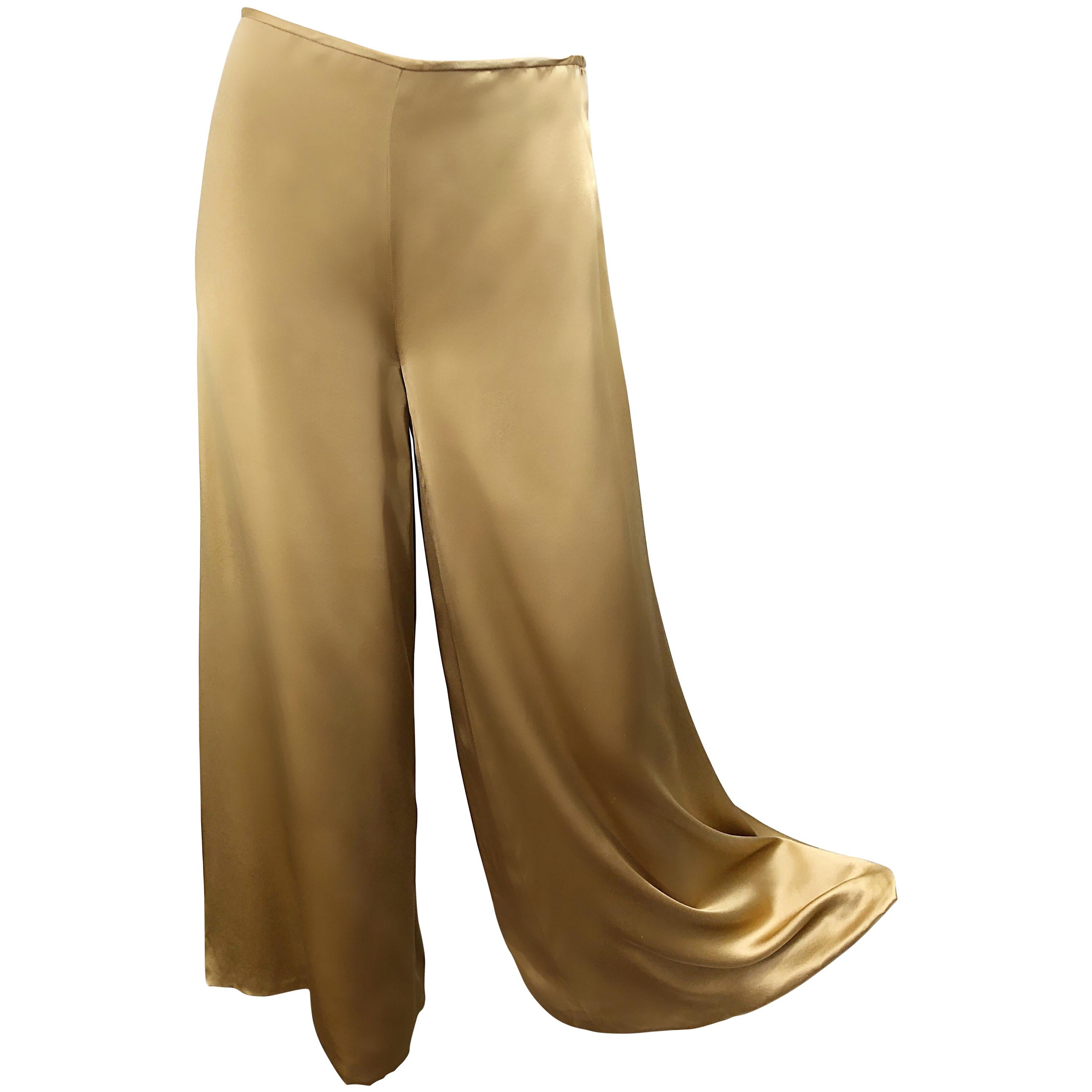 Reem Acra 2000s Liquid Gold Silk Size 6 / 8 Wide Leg Metallic Trousers Pants For Sale