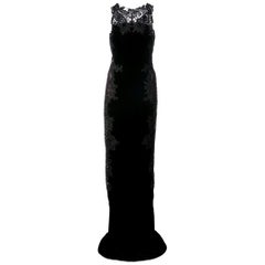 Marchesa Black Velvet Baroque Scroll Beaded Embroidered Tulle Column Dress Gown 
