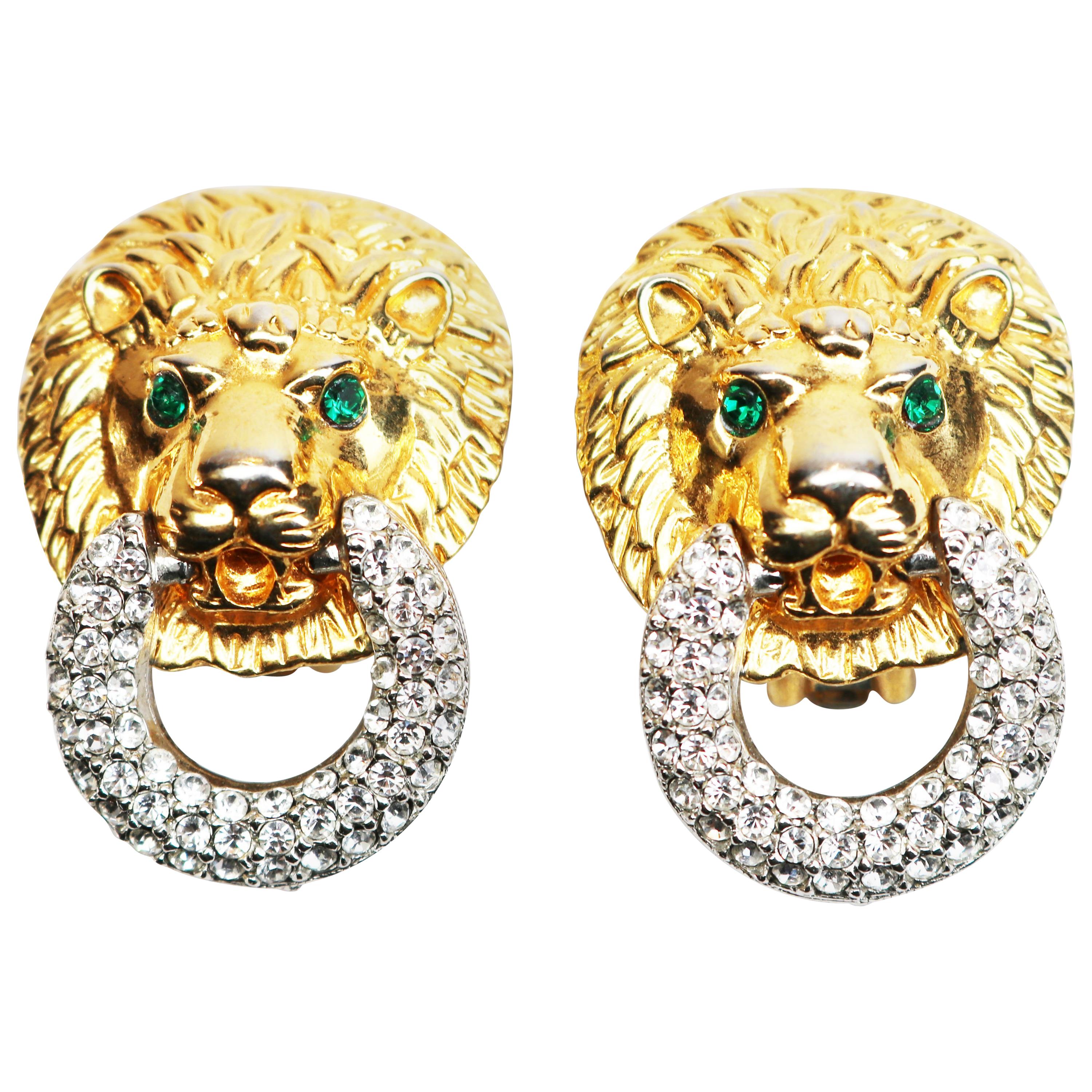 Kenneth Jay Lane Crystal Encrusted Lions Head Earrings For Sale