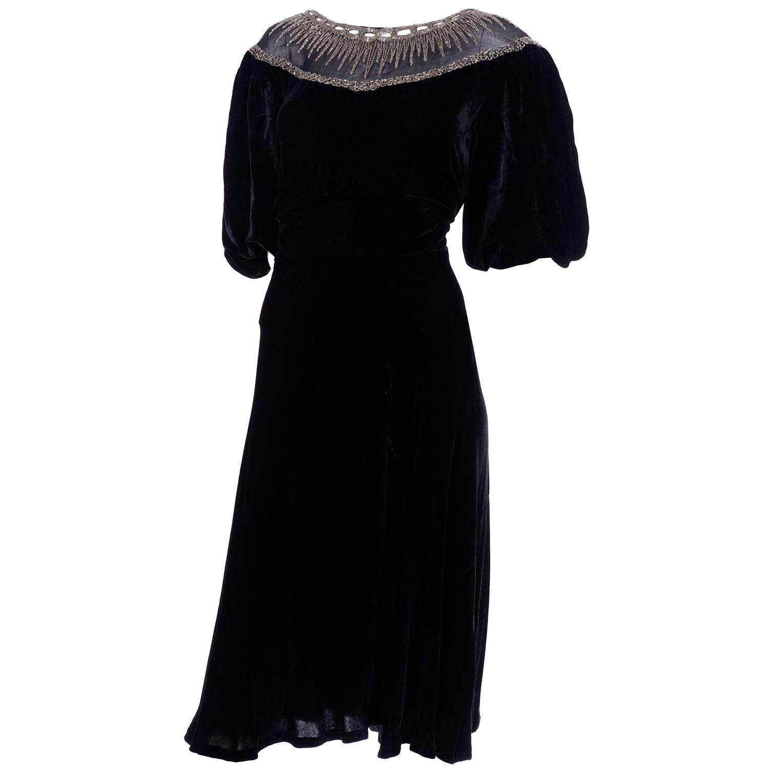 1930s Black Velvet Beaded Evening Dress With Illusion Bodice 