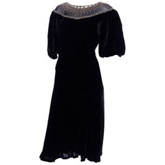 Vintage 1930s Black Velvet Beaded Evening Dress With Illusion Bodice 