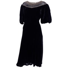 1930s Black Velvet Beaded Evening Dress With Illusion Bodice
