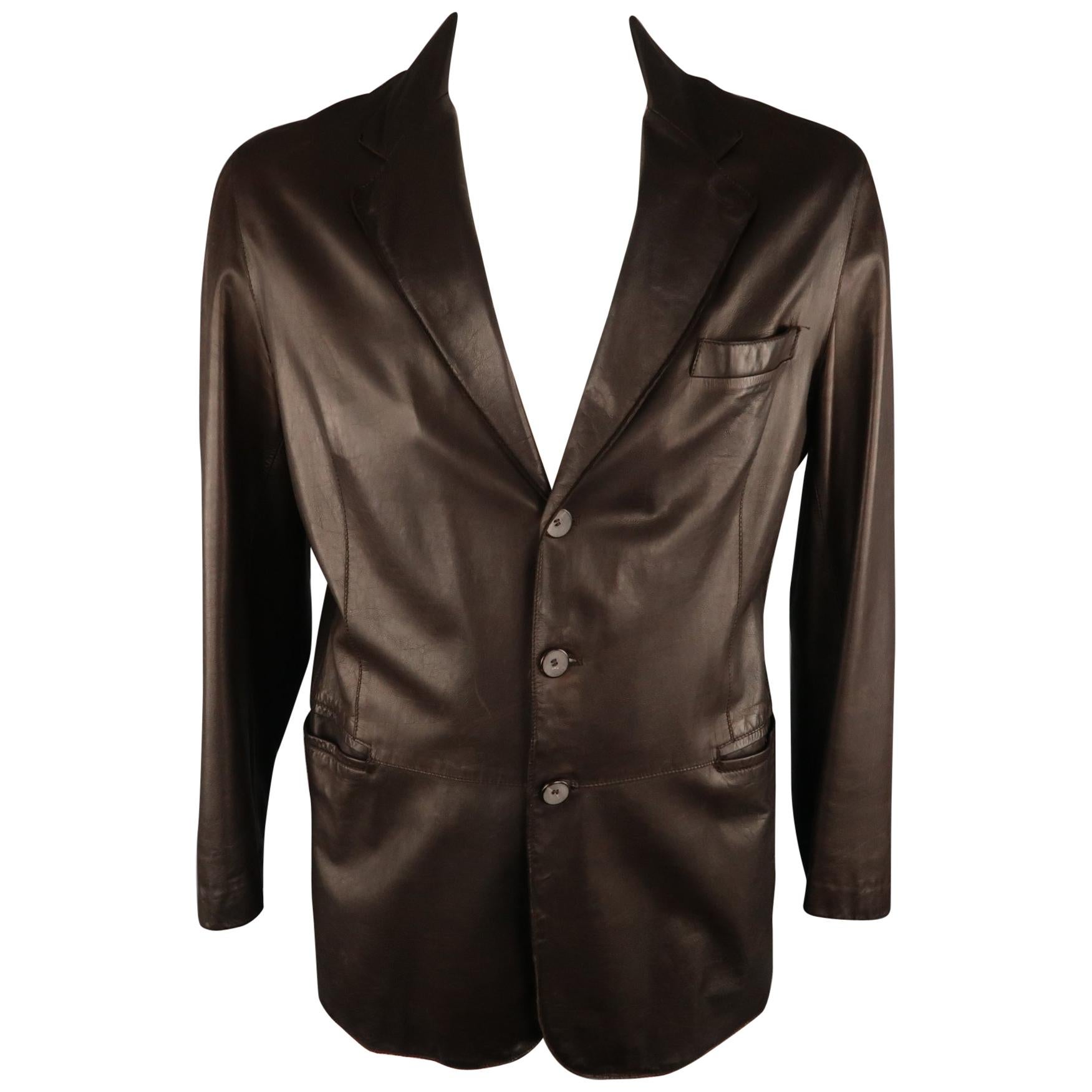 GIORGIO ARMANI 44 Brown Leather Notch Lapel Coat