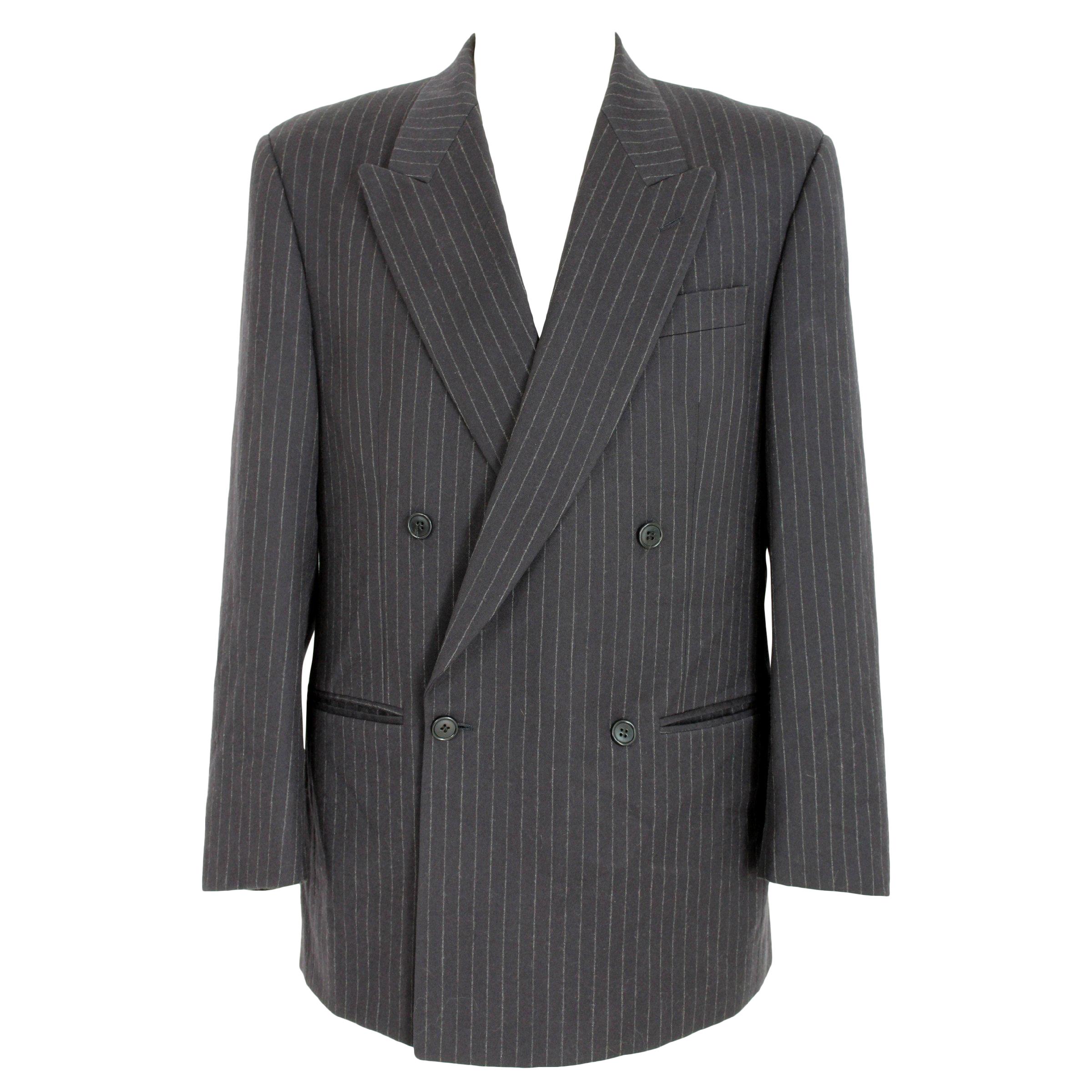 1980s Gianfranco Ferre Blue Gray Wool Double Breasted Pinstripe Jacket