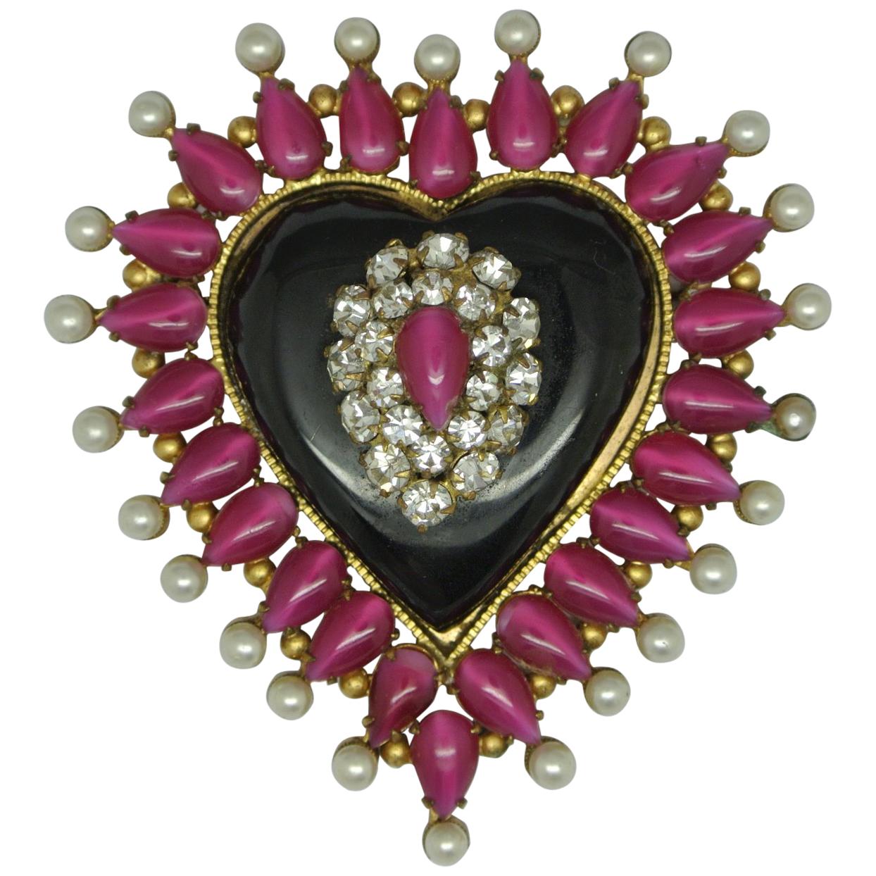 Vintage Chanel bakelite black heart pink Glass Brooch For Sale