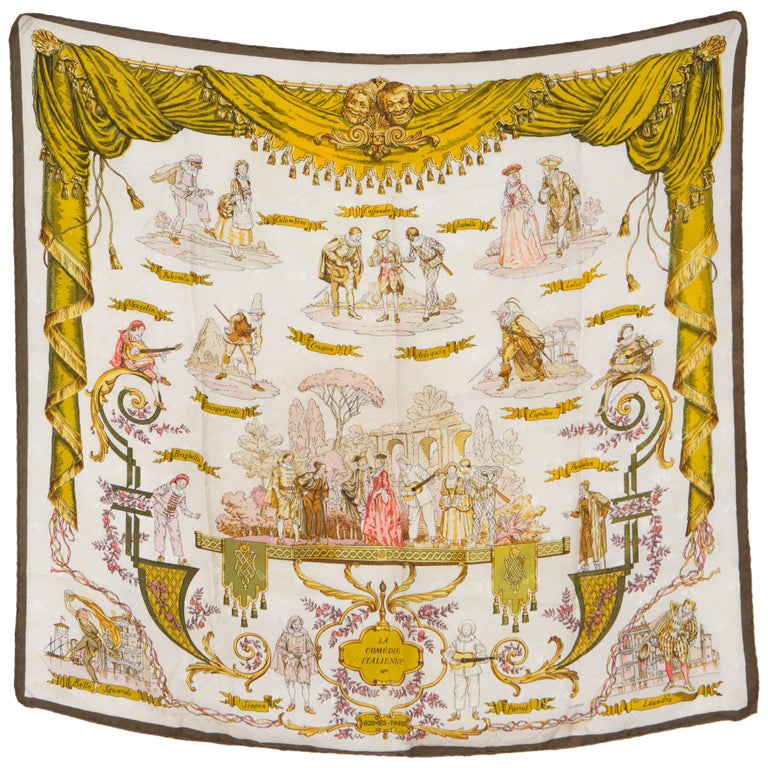 Hermes La Comdie Italienne by Philippe Ledoux Silk Scarf For Sale at ...