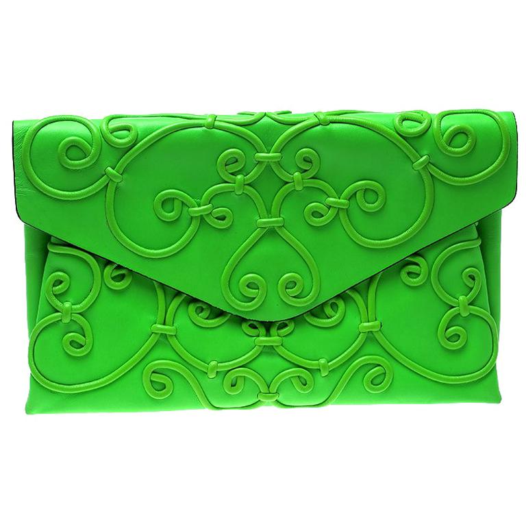 Valentino Neon Green Leather Intricate Clutch