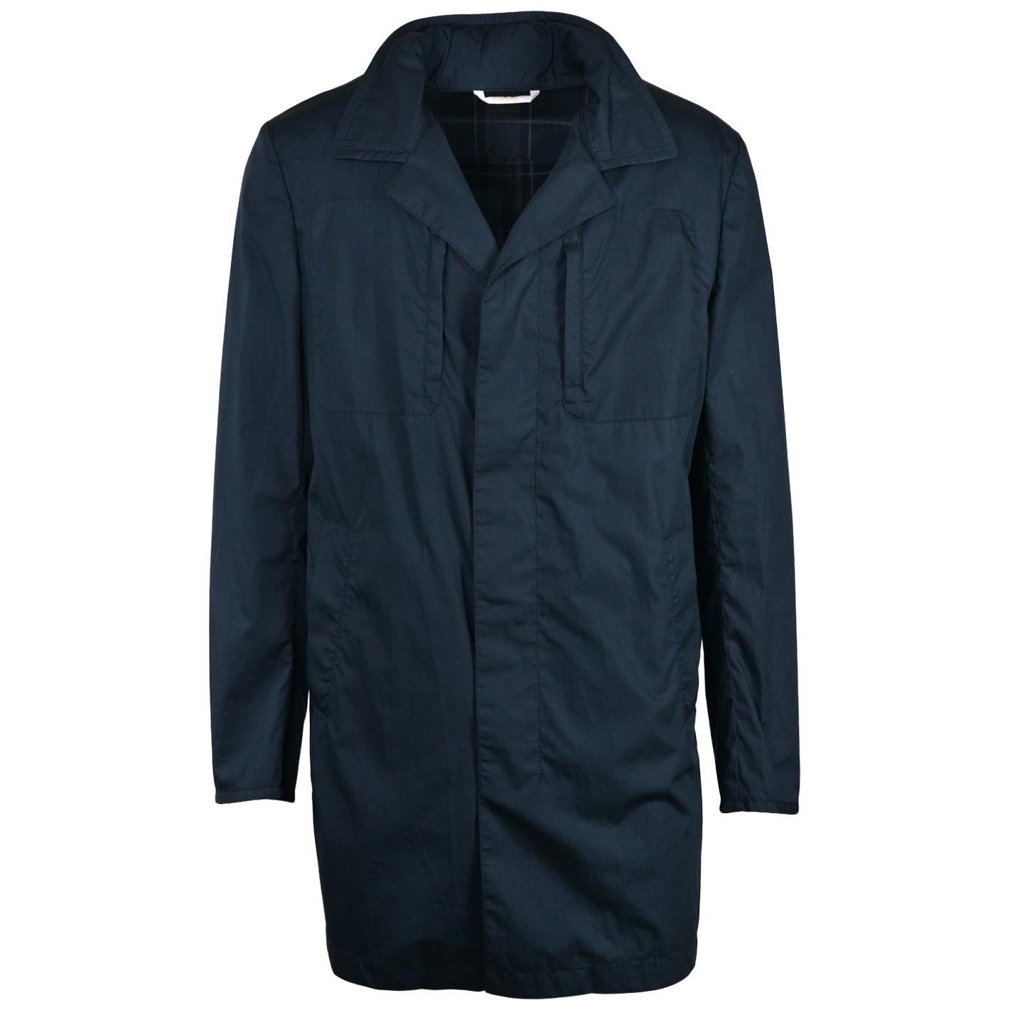 Brioni Mens Navy Cotton Hooded Waterproof Rain Coat Jacket  For Sale