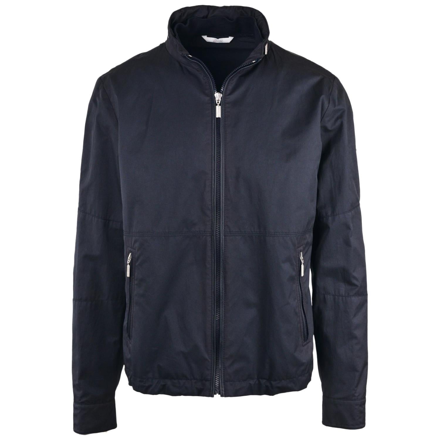 Brioni Mens Navy Hooded Zip Up Cotton Light Jacket Coat  For Sale