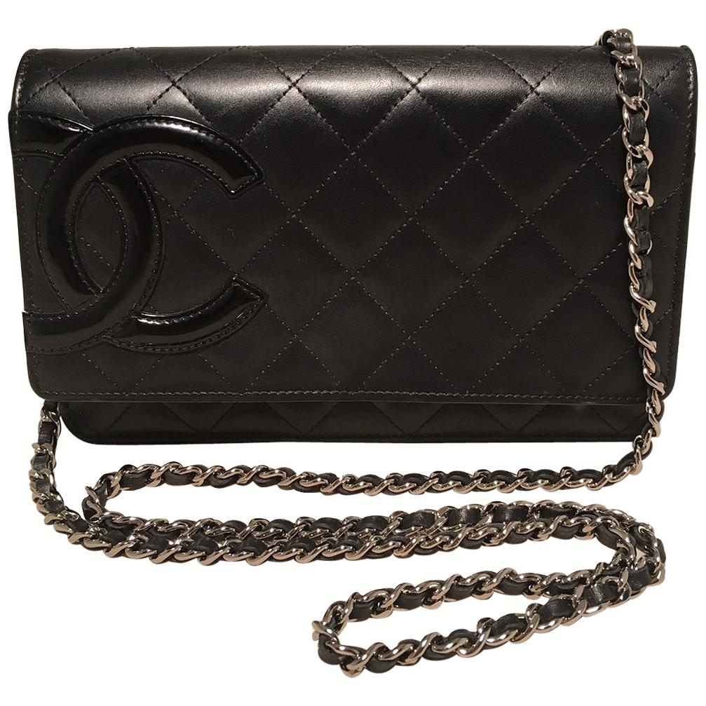 Chanel Black Quilted Leather CC Patent Logo WOC Wallet on a Chain