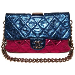 Chanel Pink Blue Silver Black Metallic Leather Classic Flap Frame Shoulder Bag