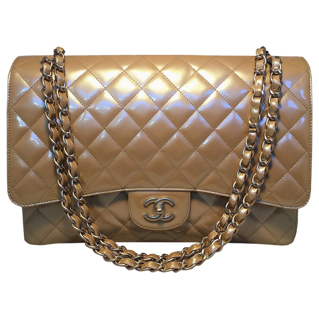 Chanel Nude Gold Pearlized Patent Leather Maxi Classic Flap Shoulder bag