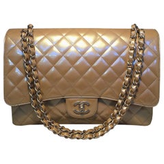 Chanel Nude Gold Pearlized Patent Leather Maxi Classic Flap Shoulder bag
