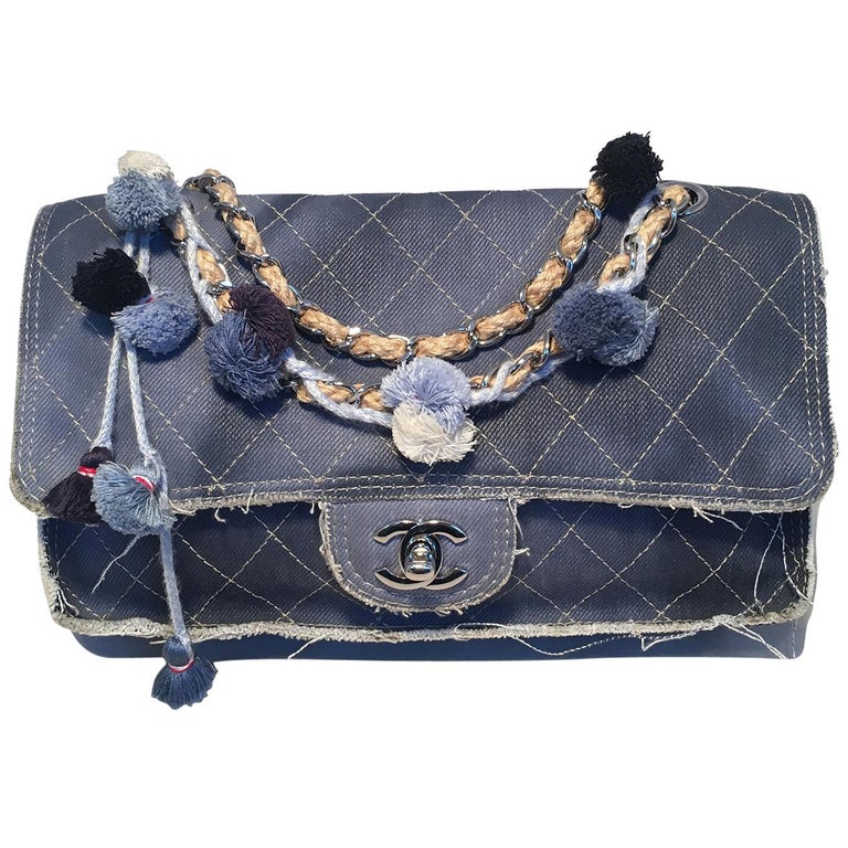 Chanel Paris Dubai Denim Tassel Pom Pom Medium Classic Flap Shoulder Bag For Sale at 1stDibs | chanel dubai