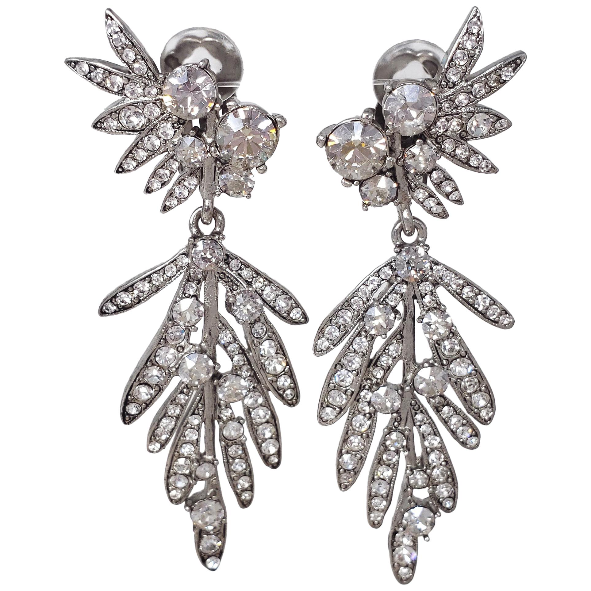 Oscar de la Renta Tropical Leaf Clear Crystal Dangling Clip On Earrings, Silver