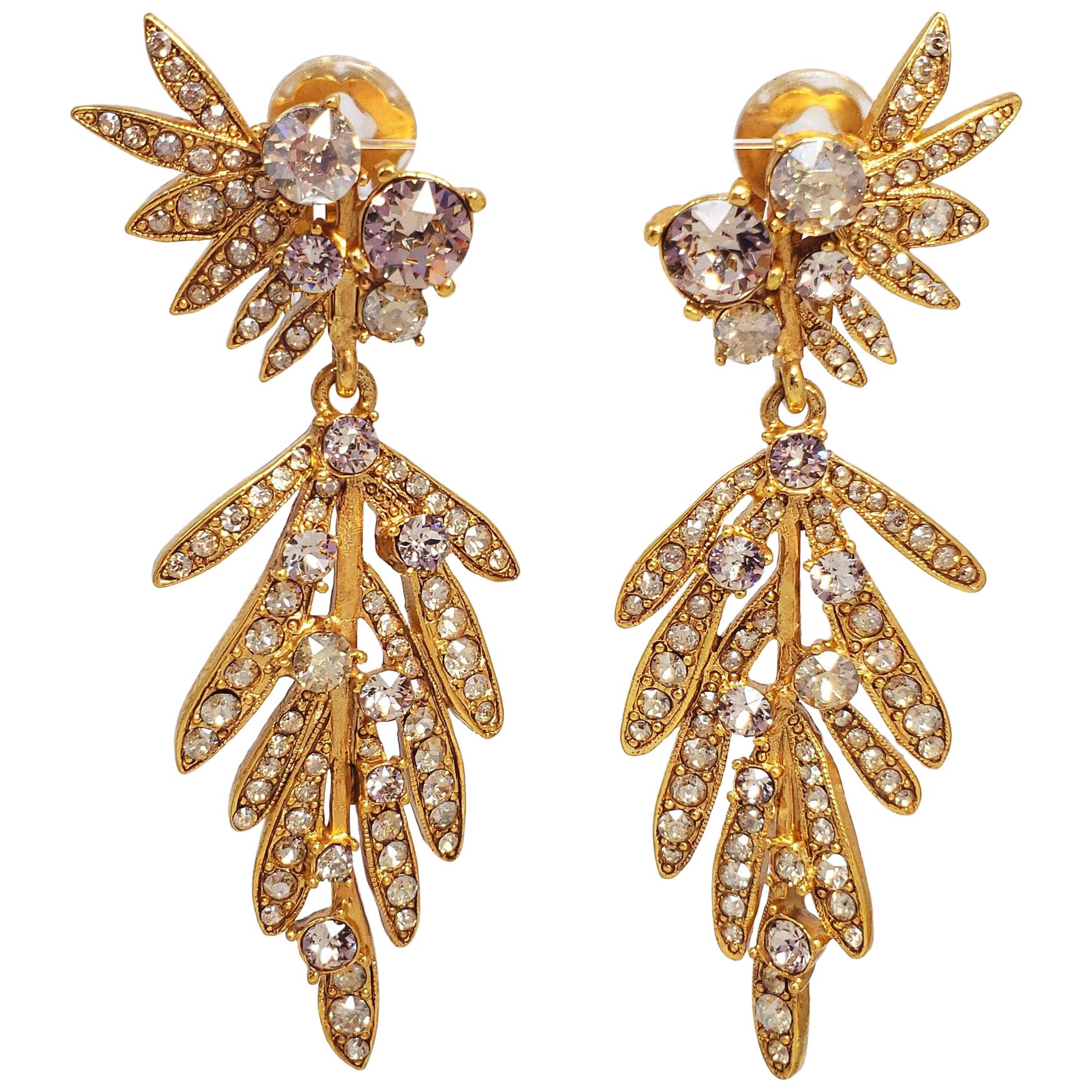 Oscar de la Renta Tropical Leaf Clear Crystal Dangling Clip On Earrings, In Gold
