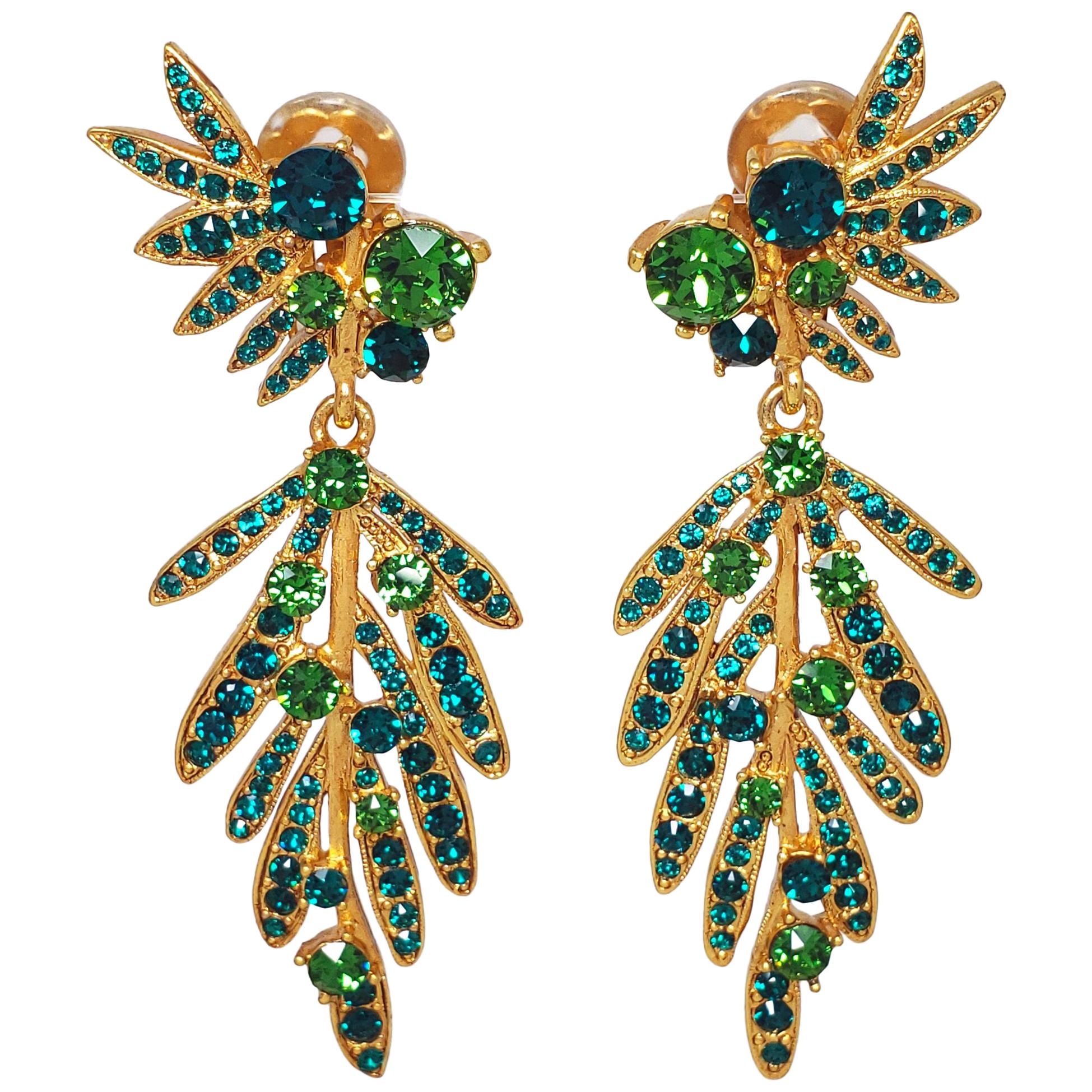 Oscar de la Renta Tropical Leaf Green Crystal Dangling Clip On Earrings, In Gold