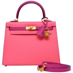 Hermès Kelly 25CM Rose Pourpre X Rose Azalee SO Quincaillerie en or brossé Epsom NEW