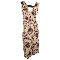 DRIES VAN NOTEN Size 8 Beige & Brown Damask Linen / Silk Tied Dress