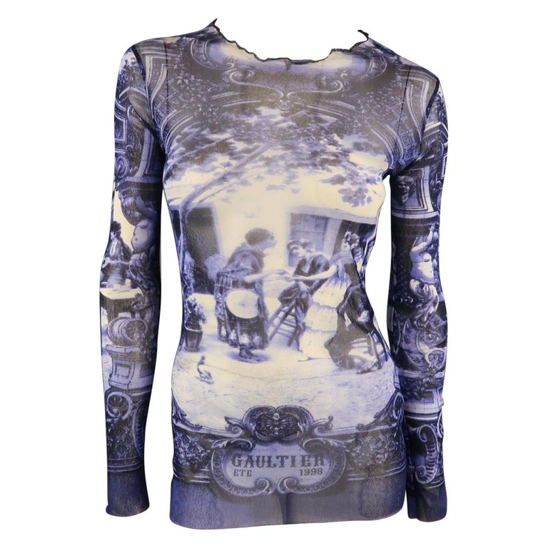 JEAN PAUL GAULTIER Size M Blue and White French Courtyard Scene 1998 Mesh Pullover at 1stDibs