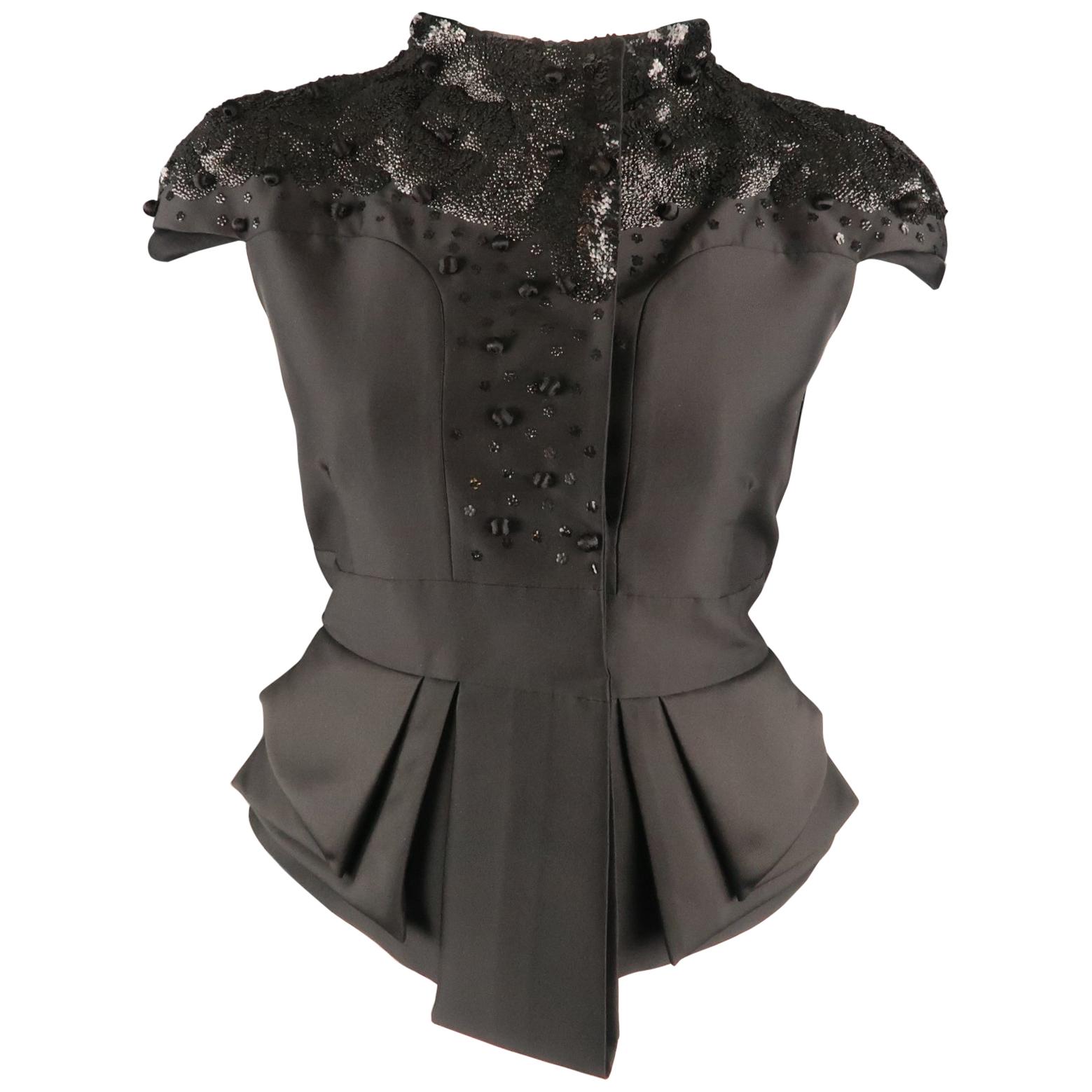 VALENTINO Size 6 Black Wool Cropped Sleeve Sequin Embellished Peplum Jacket