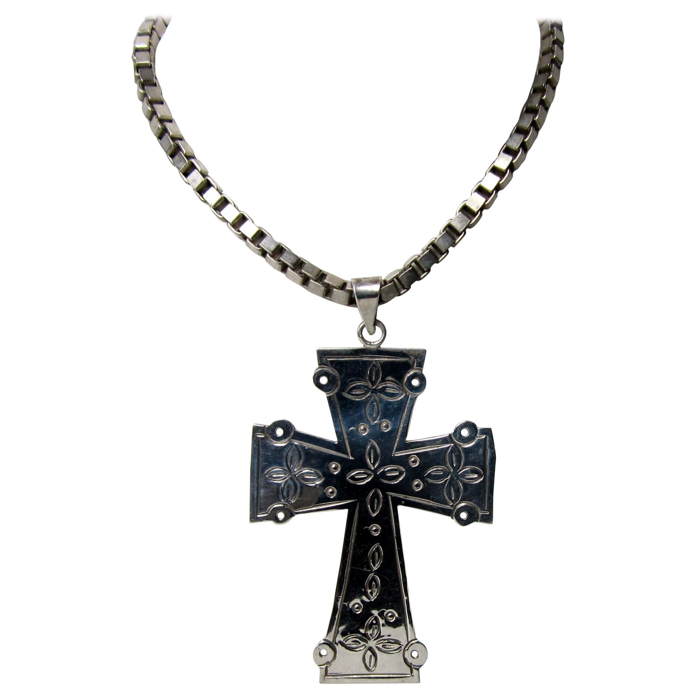 Vintage Mexican Sterling Silver Cross / Chain Necklace Unisex 