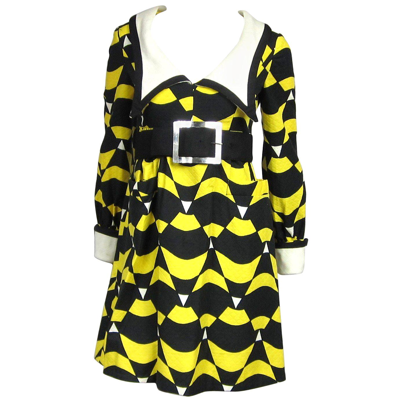  Mod Graphic Empire waist Yellow Black Midi Dress Mam'selle Betty Carol 1960s