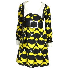 Mod Graphic Empire waist Yellow Black Midi Dress Mam'selle Betty Carol 1960s