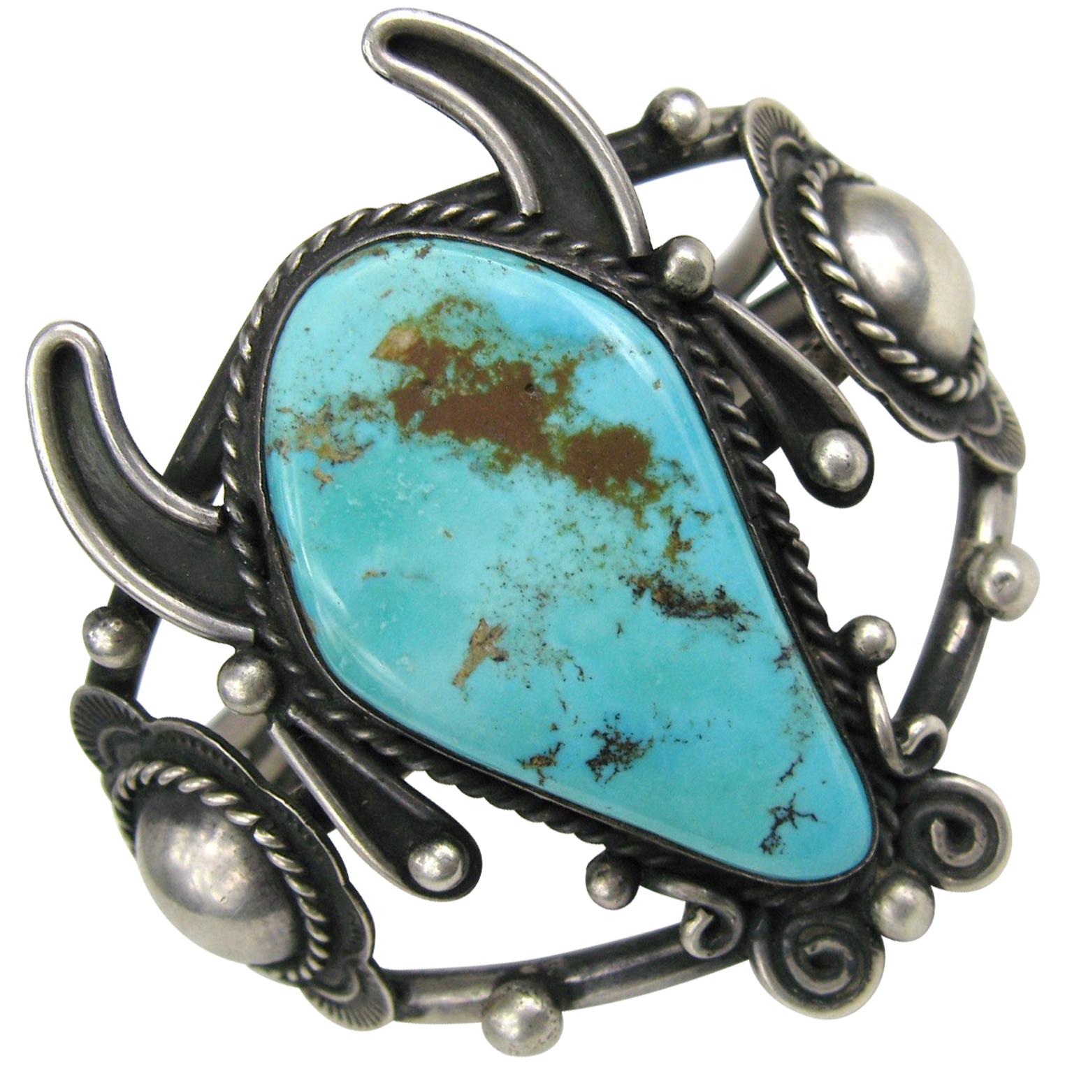 Sterling Silver Turquoise FTHI Navajo American Indian buffalo cuff Bracelet  For Sale