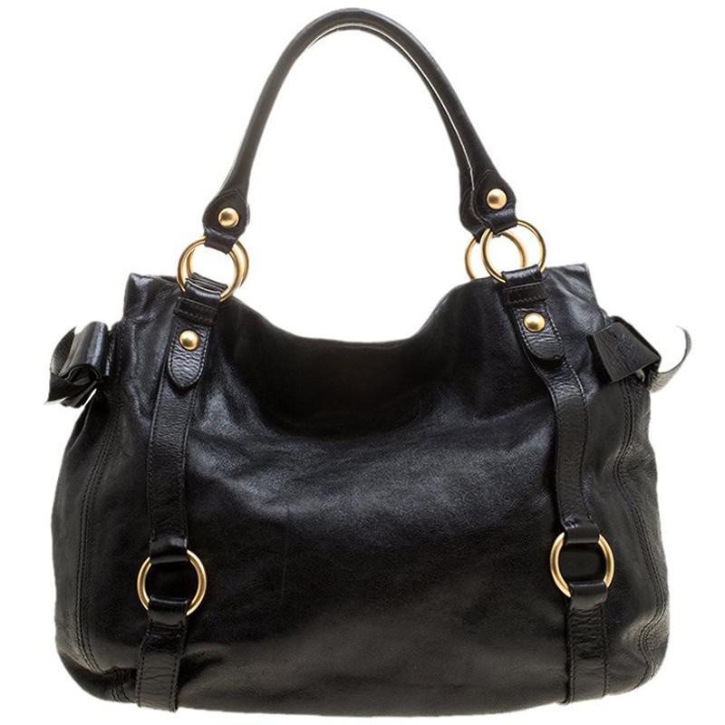 Miu Miu Black Wrinkled Leather Bow Tote For Sale at 1stDibs