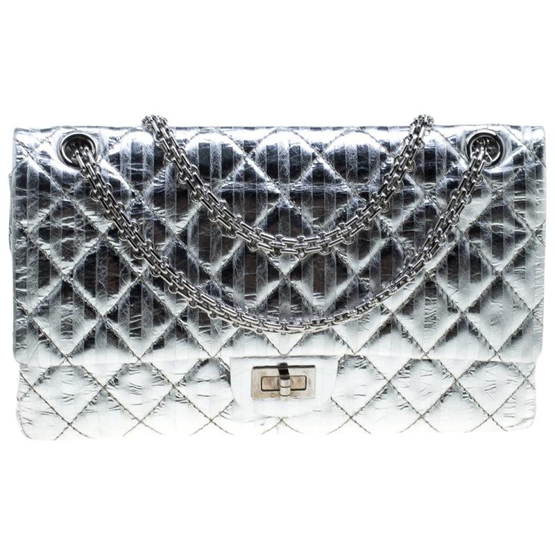 Chanel Silver Quilted Leather Striped Reissue 2.55 Classic 226 Flap Bag