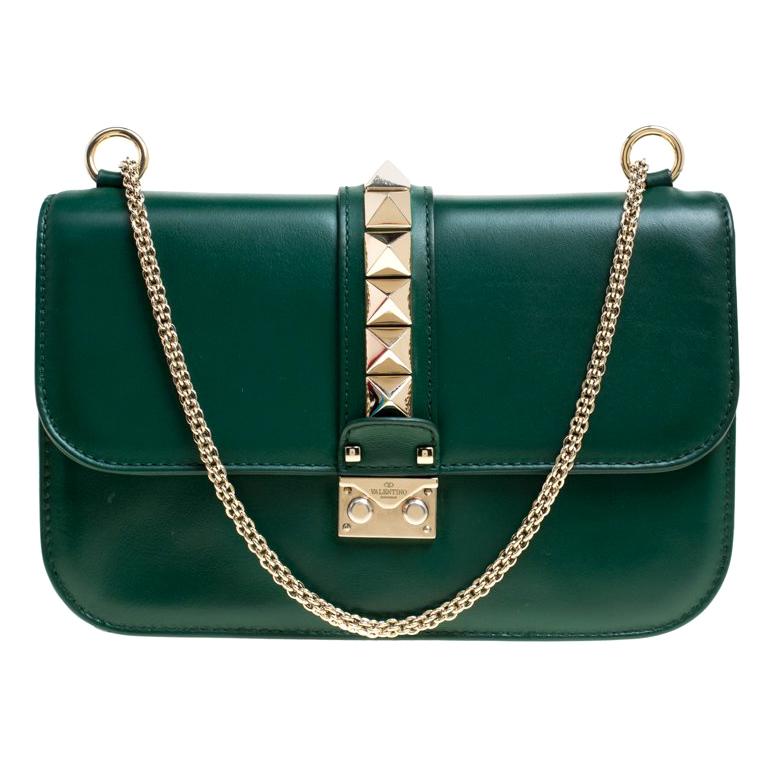 Valentino Green Leather Rockstud Medium Glam Lock Flap Bag For Sale at ...