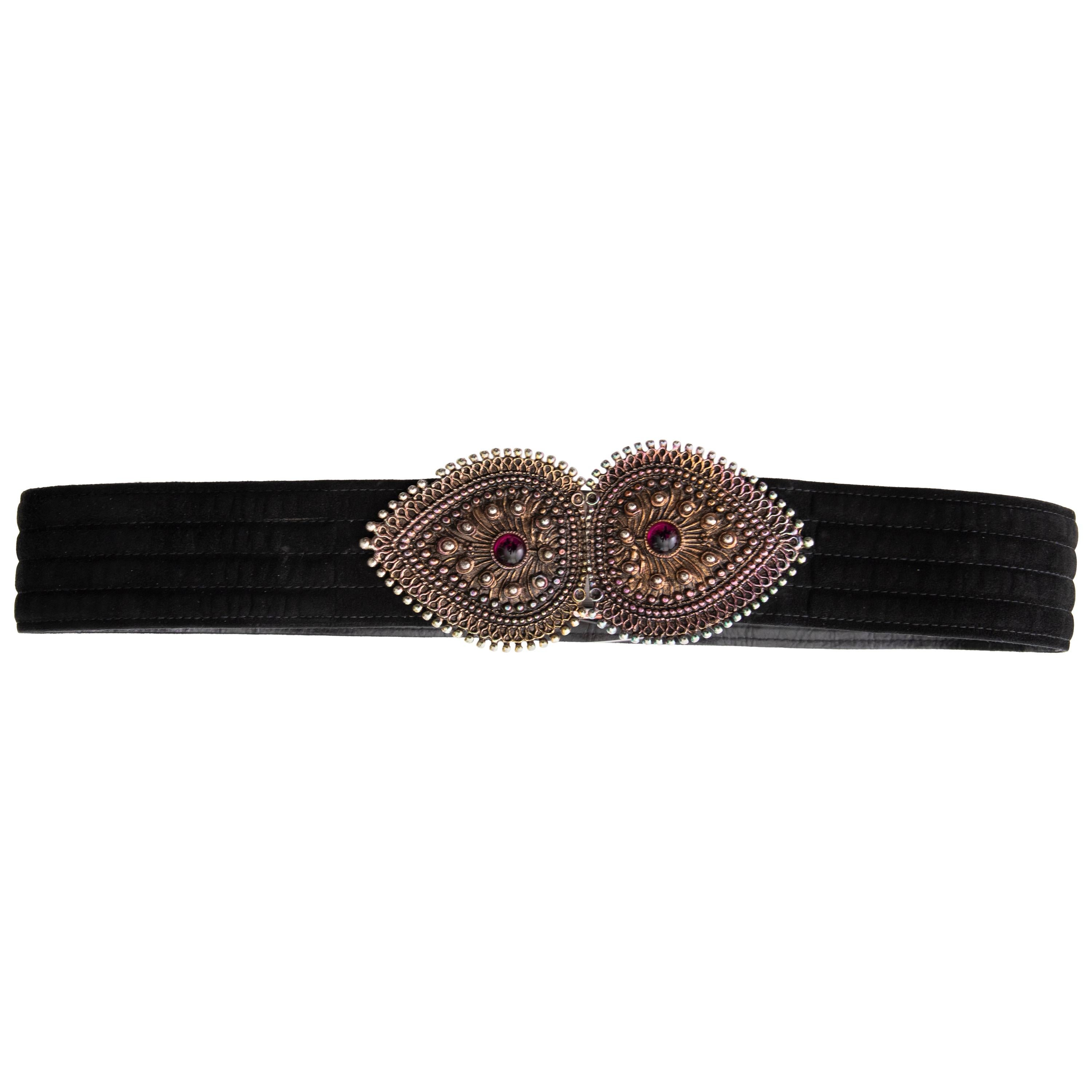 Yves Saint Laurent Black Suede Metal Glass Cabochons Belt, Circa: late 1980's For Sale