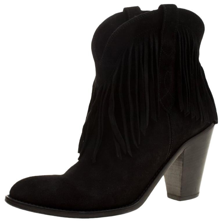 Saint Laurent Paris Black Suede Fringe New Western Boots Size 37 For ...