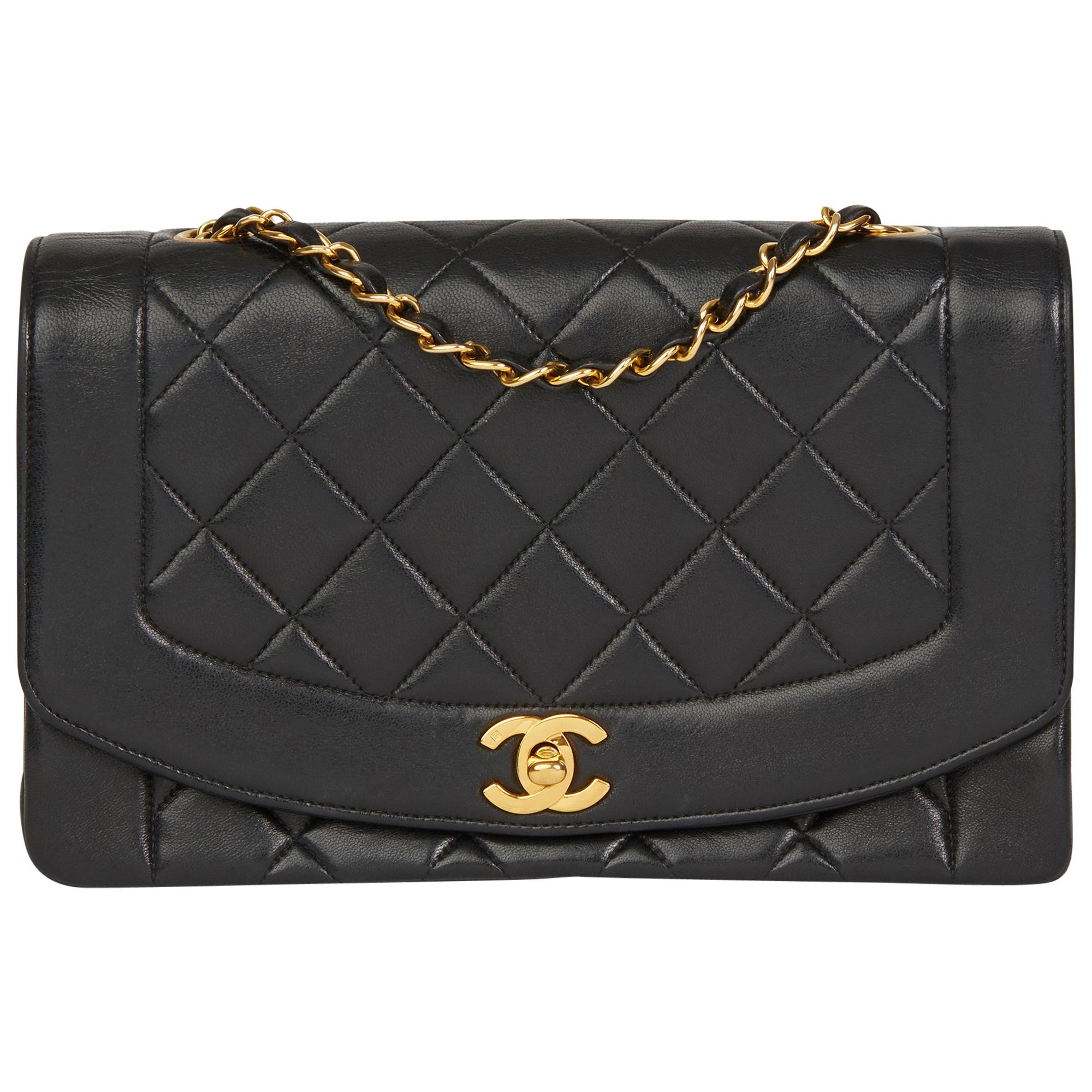 1991 Chanel Black Quilted Lambskin Vintage Medium Diana Classic Single Flap Bag