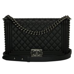 CHANEL New Medium Quilted Boy Bag Black Lambskin with Ruthenium Hardware 2016