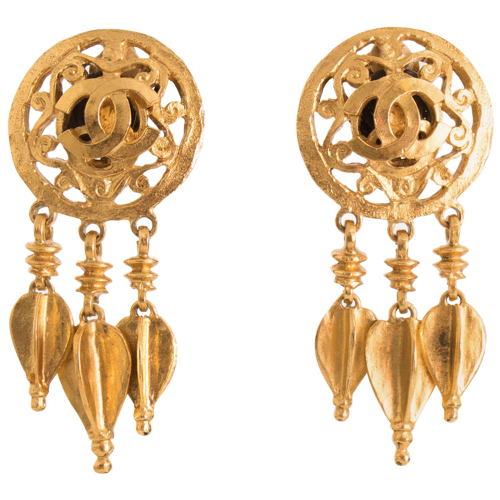 A Pair of Vintage Chanel Gold Toned Clip-On Dangle Earrings