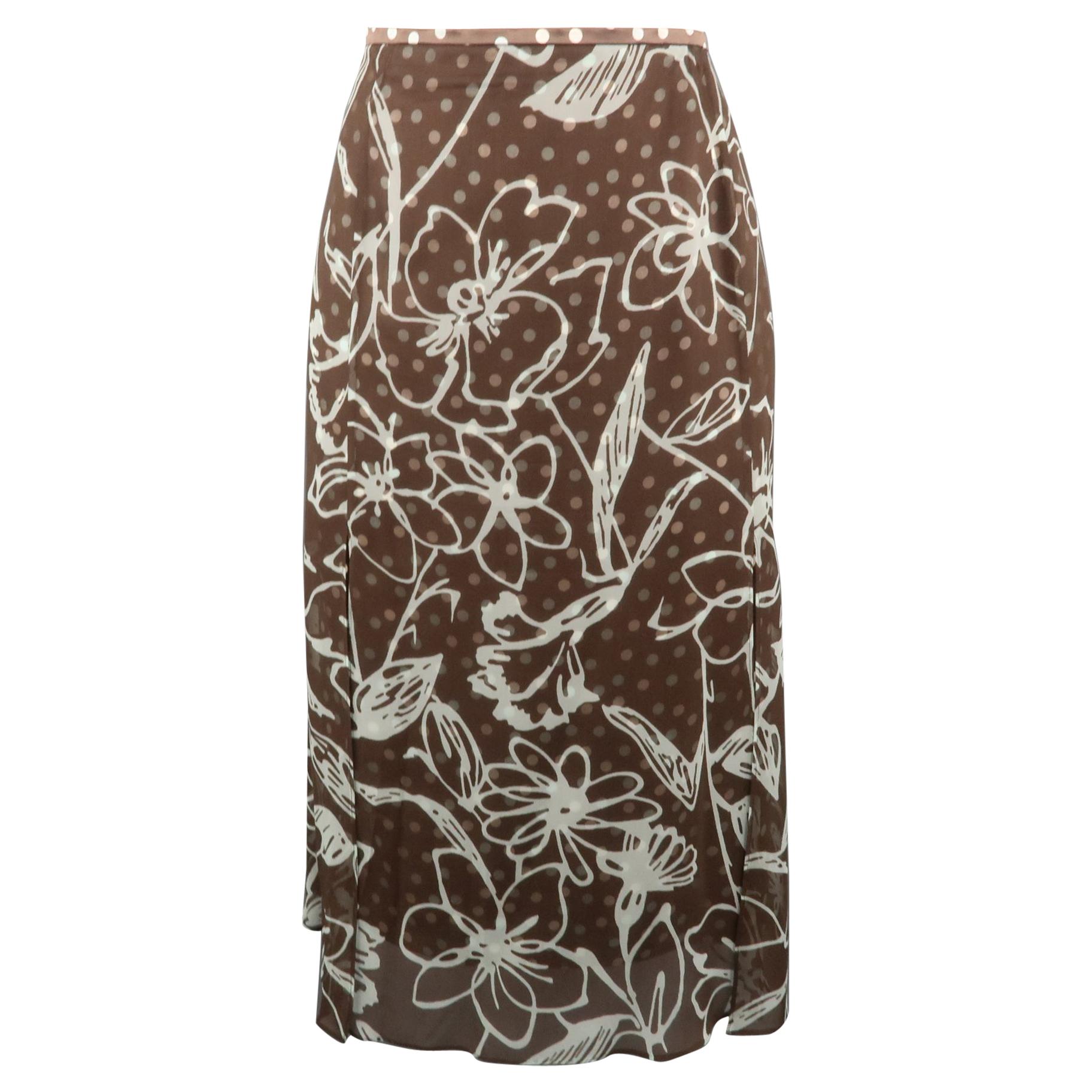 ESCADA Size 16 Brown & Teal Floral & Polka Dot Silk Chiffon Skirt