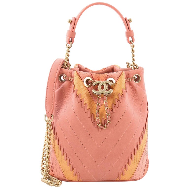 Chanel CC Drawstring Bucket Bag Whipstitch Chevron Leather and Python Small  at 1stDibs