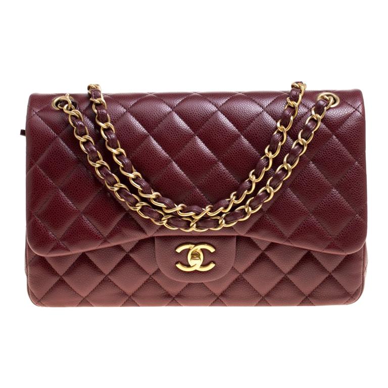 Chanel Burgundy Quilted Caviar Leather Jumbo Classic Double Flap Bag