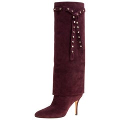 Valentino Burgundy Suede Rockstud Tie Foldover Knee Length Boots Size 37