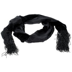 Gucci Black Velvet and Satin Guccissima Pattern Tassel Detail Scarf