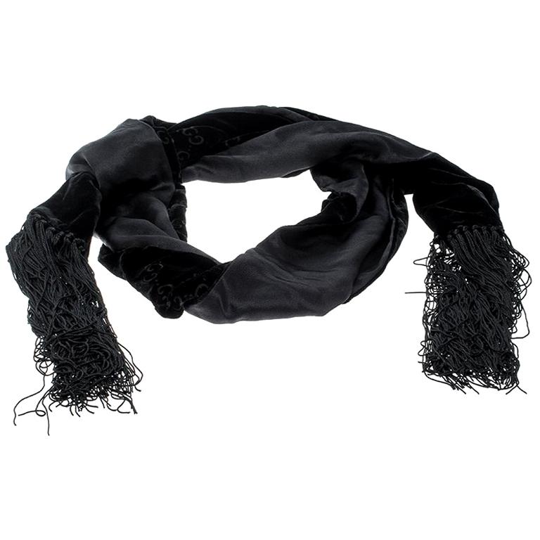 Gucci Black Velvet and Satin Guccissima Pattern Tassel Detail Scarf at ...