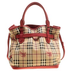 Burberry Beige/Red Haymarket Check PVC and Leather Medium Golderton Tote