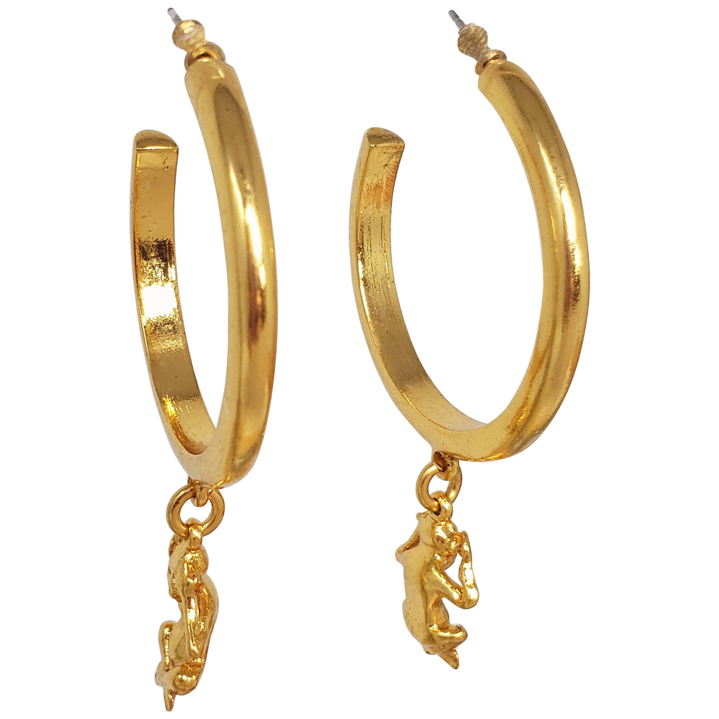 Oscar de la Renta Open Hoop and Dangling Monkey Post Earrings in Gold For Sale