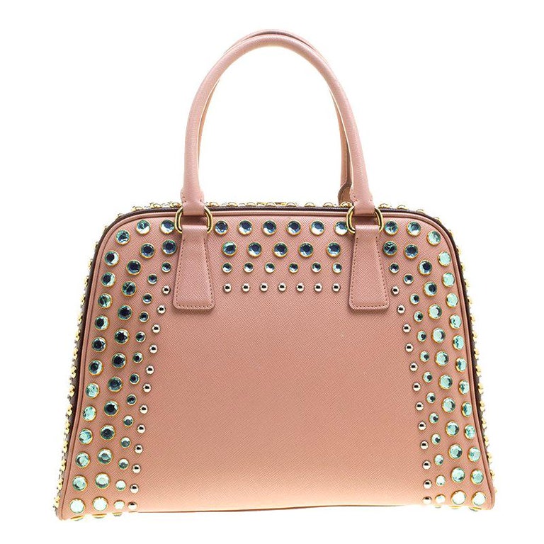 Prada Blush Pink Burgundy Saffiano Lux Leather Pyramid Frame Top Handle Bag